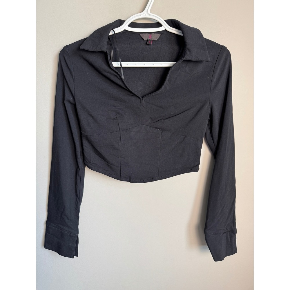NoBo Long Sleeve Collared Stretchy Crop Top Black S Goth Grunge Dark‎ Academia